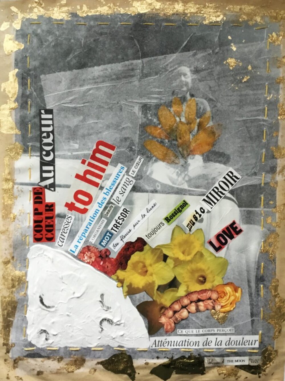 Collage on reproduction mounted on silk and butcher's papers 13 1/2 X 10 1/2inch